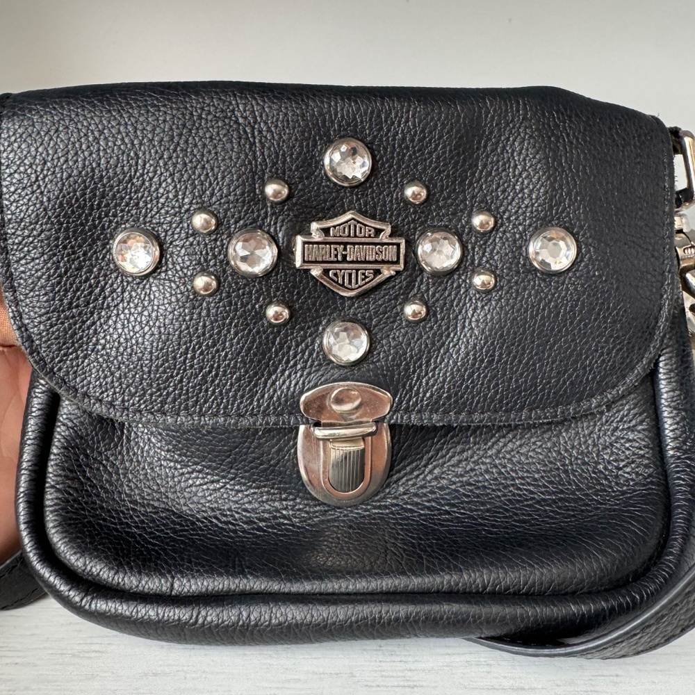 Harley Davidson Leather Studded Purse Crossbody Black Bag Crossbody C - Picture 2 of 5